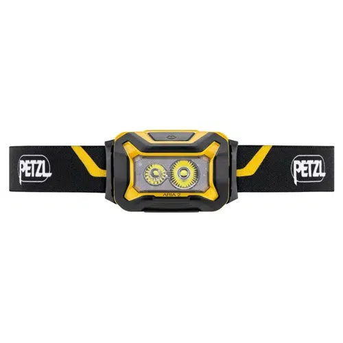 La Linterna Frontal Petzl Aria 2 450lm es una linterna frontal regulable de color negro y amarillo equipada con dos luces LED. Su correa muestra de forma destacada el logotipo de Petzl en ambos lados, lo que le proporciona un diseño compacto perfecto para actividades al aire libre.
