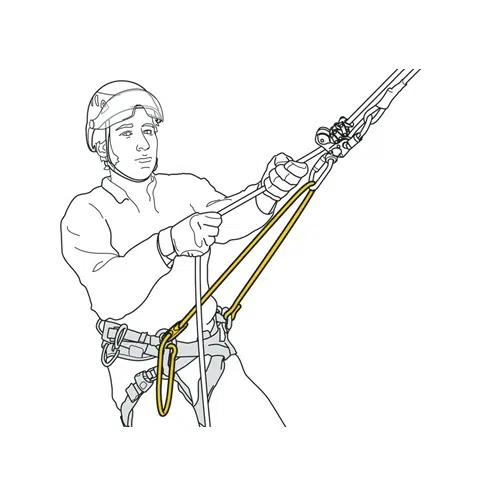 Una ilustración muestra a una persona equipada con un casco y un arnés, sujetando firmemente un sistema de cuerda de escalada con todo el equipo de seguridad esencial. El sistema incluye mosquetones, una polea y, de forma destacada, el Puente de Enganche Regulable Petzl diseñado para Arnés Sequoia, lo que subraya las prácticas de escalada seguras.