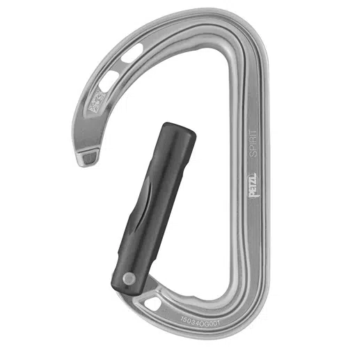 Este Mosquetón Seguridad Petzl Spirit cuenta con un elegante diseño plateado con una compuerta abierta para engancharlo fácilmente y brindar seguridad. Tiene una estructura liviana con un mecanismo de bloqueo negro y está marcado con la marca "Mosquetón Seguridad Petzl Spirit", junto con marcas de identificación para mayor seguridad.