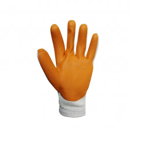 El guante de látex FG Safety Anaranjado y Blanco presenta un agarre texturizado y un elegante puño de muñeca blanco, todo resaltado sobre un fondo blanco liso.