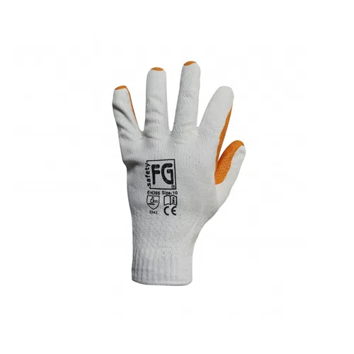 El guante de látex FG Safety Anaranjado y Blanco en color blanco presenta patrones de agarre vibrantes en anaranjado y blanco en los dedos y el pulgar. La parte posterior del guante está adornada con importantes marcas de seguridad y certificación, que incluyen "FG Safety", un indicador de tamaño "10" y varios símbolos de estándares de seguridad.