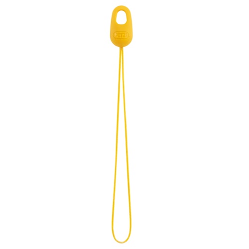 Precinto de plástico amarillo con una presilla alargada y una lengüeta ovalada en la parte superior. La lengüeta presenta una abertura y detalles en relieve, lo que la hace útil para fines de seguridad e identificación. Similar a la Bola de Recuperación Petzl Salvarramas Eject, su diseño minimalista y funcional resalta su utilidad.