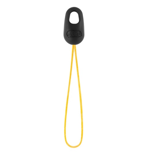 Se muestra una Bola de Recuperación Petzl Salvarramas Naja negra con un lazo amarillo fino y flexible aislado sobre un fondo blanco. El cierre tiene una abertura ovalada en la parte superior y parece estar hecho de plástico, y el lazo amarillo probablemente esté hecho de cuerda o nailon.
