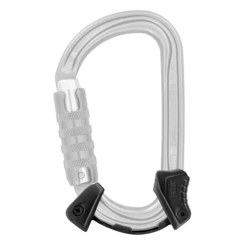 Gancho de seguridad en color plata con mecanismo de bloqueo texturizado y protectores negros en cada extremo. Ideal para escalar o asegurar objetos, es una excelente combinación para la Barra Sujeción para Mosquetón Petzl Captiv Adjust, que proporciona mayor estabilidad y versatilidad.