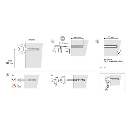 Diagrama de instrucciones para instalar un anclaje de pared utilizando Pack Cola para Anclaje Petzl Ampolla Collinox – 10 Unidades: 1) Taladre un orificio. 2) Inserte la ampolla. 3) Presione el anclaje en el orificio. 4a) Martille correctamente al ras, marcado con una marca de verificación. 4b) Ángulo incorrecto, marcado con una X. 4c) Use una herramienta eléctrica para apretar.