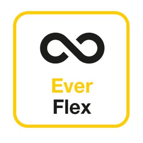 Un símbolo de infinito negro se encuentra centrado sobre las palabras "Ever Flex" en texto amarillo y negro, que recuerdan el diseño de Petzl Flow. La imagen está bordeada por un cuadrado amarillo, que evoca la durabilidad de una cuerda semiestática de 11,6 mm sobre un fondo blanco nítido.