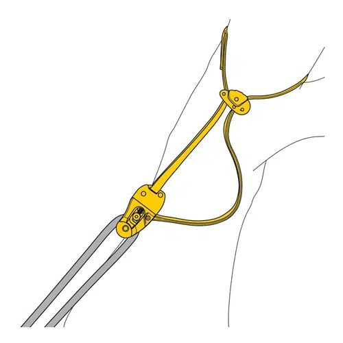 Ilustración de un dispositivo de aseguramiento con bloqueo automático con un diseño de color amarillo brillante para mayor visibilidad. El dispositivo cuenta con una cuerda enhebrada a través de un bucle de metal e incluye un componente mecánico para garantizar la seguridad, similar al arnés de sujeción de precisión y seguridad que se encuentra en el equipo Petzl, Salvarramas para Poda Petzl Eject.