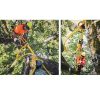 Dos imágenes muestran a una persona con equipo de protección y casco de color naranja brillante trepando un árbol. Utilizan con destreza el equipo Petzl, que incluye cuerdas y poleas amarillas, para su seguridad. El fondo está lleno de hojas y ramas verdes, realzadas por la Cinta para Salvarramas para mayor protección.