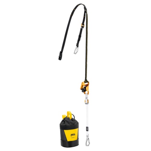 Imagen del sistema Petzl de Ascenso Knee Ascent Clip que incluye una cuerda negra y amarilla con mosquetones de metal, un mecanismo de bloqueo ajustable y una bolsa amarilla y negra en la parte inferior. Este dispositivo está diseñado para brindar seguridad en actividades como la escalada o la construcción.