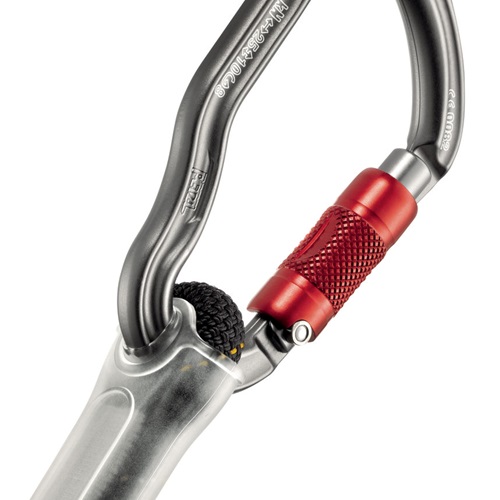 El Elemento de Amarre para Heligruaje Petzl Lezard cuenta con un mosquetón de bloqueo de color gris metalizado con un cierre de tornillo texturizado de color rojo, ideal para aventuras al aire libre, ofreciendo robustez y confiabilidad cuando se utiliza con dispositivos de escalada.