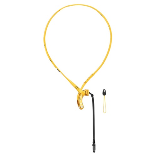 Un candado amarillo para bicicleta con un diseño de cable en forma de bucle y un mecanismo de seguridad negro integrado, similar al resistente Salvarramas para Poda Petzl Naja. El paquete también incluye una pequeña llave negra unida a un llavero con forma de bucle amarillo.