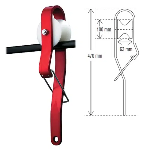 Junto a un esquema técnico se muestra un rodillo rojo con rueda blanca, similar a la Polea para Desplazamiento en Cable Petzl Rollcab. El esquema muestra las medidas: 470 mm de altura, 100 mm de ancho superior y 63 mm en la sección más estrecha.