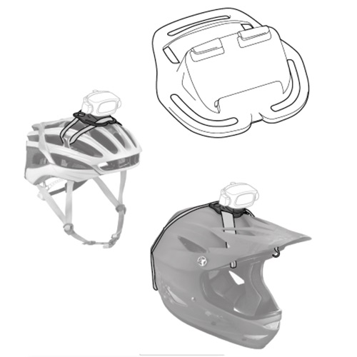 Ilustración que muestra un soporte para cámara de casco, con dibujos lineales del soporte, una configuración de casco estándar y un casco integral. También sirve como Adaptador de Linterna Petzl para Casco de Bicicleta.