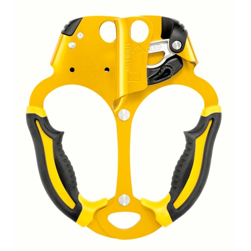 El Bloqueador Petzl Doble Ascentree es un equipo de escalada de color amarillo y negro diseñado para ascender por cuerdas. Cuenta con empuñaduras ergonómicas y un mecanismo de agarre seguro de la cuerda. El dispositivo cuenta con un diseño robusto con componentes metálicos e incluye un pestillo de seguridad para mayor seguridad.