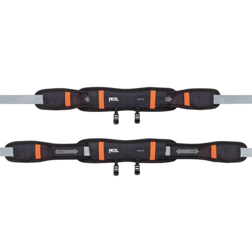 Imagen de dos cinturones con arnés Petzl Aspir Lt de Arnés Industrial en color negro y naranja con correas grises. Estos cinturones están equipados con acolchado y hebillas, lo que los hace perfectos para escalada o uso industrial. El logotipo de la marca se muestra de forma destacada en cada cinturón, lo que resalta su calidad.