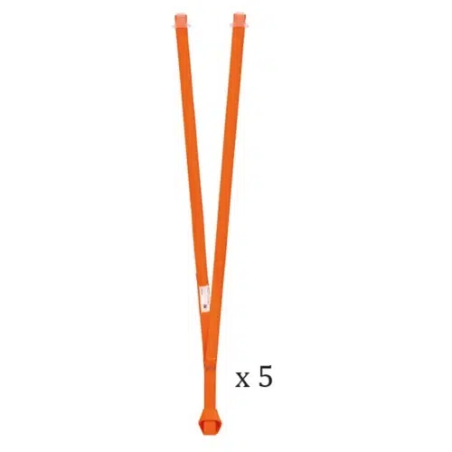 Imagen de una correa de elevación Petzl Aventex naranja con presillas reforzadas en ambos extremos, diseñada para levantar objetos pesados. El texto "x 5" debajo de la correa indica que el paquete contiene cinco Pack Elemento de Amarre Industrial Petzl Aventex - 5 Unidades. La correa se muestra sobre un fondo blanco liso.