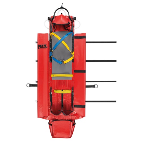 La camilla para rescates Petzl Nest es una camilla de rescate roja diseñada con correas y manijas negras, que presenta una superficie gris y correas de sujeción vibrantes. Está equipada con múltiples manijas y puntos de sujeción para asegurar al paciente, lo que la hace ideal para operaciones de rescate en diversos entornos.