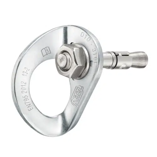 El anclaje de escalada Chapa + Perno Acero Inox Petzl Coeur Bolt Stainless de 10 mm viene en un juego de 20 unidades y cuenta con un colgador de chapa circular con marcas grabadas como "D170", "EN795:2012", "13-2" y "316L". Un perno de acero inox pasa a través del colgador y se asegura con una tuerca hexagonal.