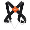 El Arnés para Pecho Petzl Explo es un arnés de seguridad negro con correas ajustables y un conector central naranja con la etiqueta "PETZL", diseñado por expertos para escalada o seguridad.