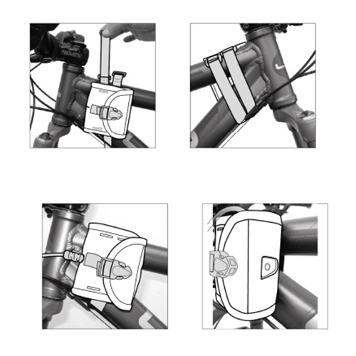 Una imagen instructiva detalla un proceso de cuatro pasos para colocar una bolsa pequeña o el Soporte Linterna Petzl para Manillar de Bicicleta en el cuadro de la bicicleta. Muestra cómo asegurarlo utilizando correas y mecanismos de sujeción alrededor del área de dirección para garantizar una estabilidad óptima.