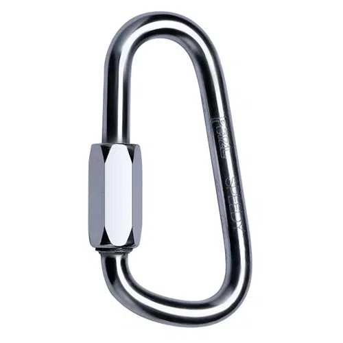 El Pack Maillón Petzl Speedy – 5 unidades cuenta con un eslabón rápido de metal brillante equipado con un cierre de tornillo. El eslabón tiene forma ovalada e incorpora una sección de tuerca hexagonal que se puede atornillar para abrirlo o cerrarlo. La palabra "OPEN" junto con algunos números está grabada en un lado, lo que hace que este producto versátil sea ideal para varias aplicaciones.