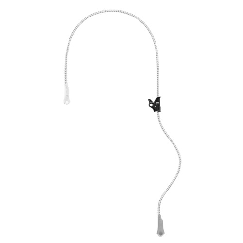 Cuerda versátil en color blanco y gris con clip ajustable en color negro, perfecta para asegurar objetos. Con presillas en ambos extremos para una fácil fijación, es compatible con el bloqueador de repuesto Petzl Micrograb para proporcionar un mejor agarre y estabilidad.