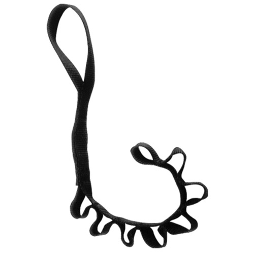 Banda de resistencia negra con múltiples bucles y un asa en un extremo, diseñada para ejercicios de estiramiento y fortalecimiento muscular. Los bucles brindan niveles de resistencia ajustables y varias opciones de agarre, lo que ofrece una versatilidad comparable a la del Portamaterial de Cinta Petzl Porto.