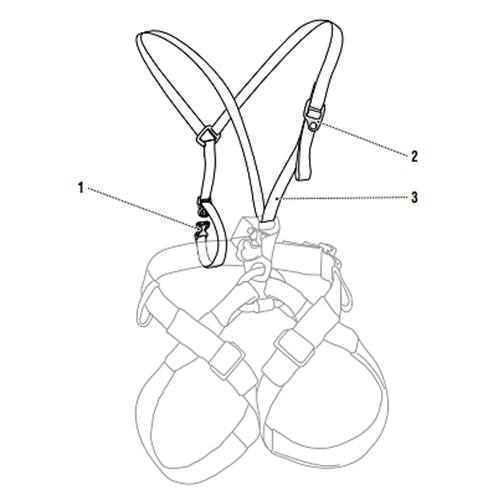 Dibujo lineal anotado del arnés de seguridad Arnés para Pecho Petzl Torse que muestra las correas de los hombros, una hebilla de pecho y correas para las piernas.