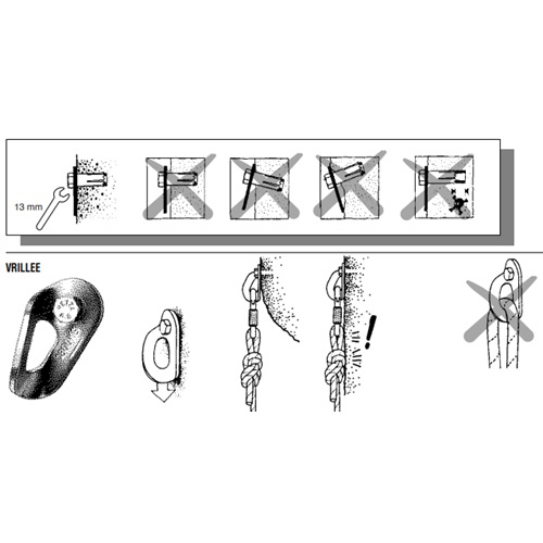 La guía proporciona una serie de instrucciones ilustradas sobre la instalación incorrecta y correcta de un anclaje de escalada. Incluye el uso de una llave Petzl para un apriete adecuado, advertencias de seguridad sobre la colocación incorrecta y orientación sobre la correcta realización de los nudos. Esto garantiza prácticas seguras en las instalaciones de espeleología utilizando el Pack Placa Espeleología Petzl Vrillee – 25 Unidades.