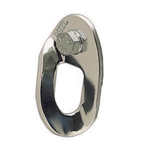 Primer plano de una placa de anclaje Petzl Pack Plaqueta Espeleología Vrillee de metal brillante con un orificio ovalado y un orificio para tornillo en la parte superior. La marca "Petzl" está grabada en la parte superior de la placa. Este componente, que se vende en paquetes de 25 unidades, es ideal para una fijación segura en escalada y alpinismo.