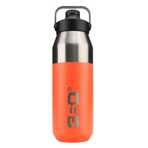 Presentamos la botella de agua de acero inoxidable con aislamiento de Sea To Summit, que presenta un exterior de color naranja vibrante y una elegante tapa negra. Esta elegante botella presenta un logotipo de 360 grados en gris, complementado con un práctico asa negra para transportarla sin esfuerzo.
