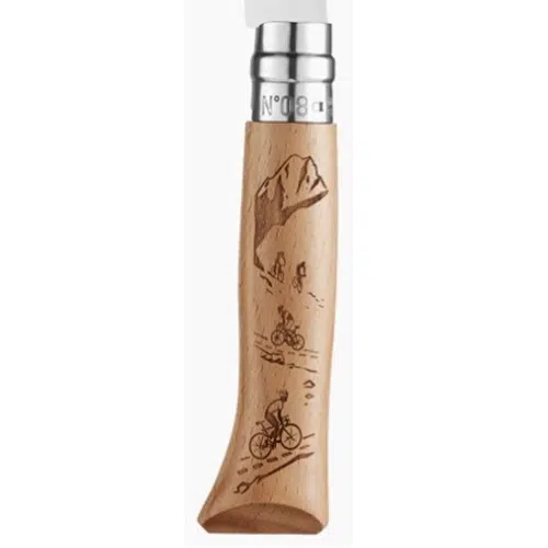 El Cuchillo Opinel N°8 con Grabado de Bicicleta tiene un mango de madera adornado con escenas al aire libre grabadas, que representan a dos ciclistas en un sendero con un impresionante telón de fondo de montaña. Complementado con una tapa de acero inoxidable, este cuchillo de bolsillo es ideal para aventureros.
