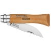Navaja plegable con mango de madera grabada y hoja de acero con la inscripción "Opinel Savoie-France Carbone". Este Cuchillo Opinel N°6 VRN de Acero Carbono presenta una hoja parcialmente abierta, lo que resalta su diseño elegante y su filo afilado.
