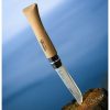 El Cuchillo Opinel N°10 de Acero Inoxidable, un cuchillo plegable con mango de madera y hoja parcialmente abierta, exhibe la marca "Opinel" grabada tanto en el mango como en la hoja. Se encuentra en posición vertical sobre una superficie de madera en medio de un entorno exterior borroso.