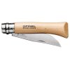 El Cuchillo Opinel N°10 de Acero Inoxidable cuenta con un mango de madera y una hoja de acero inoxidable semiextendida. Tiene la inscripción "Opinel" y "Savoie, France", lo que subraya su diseño sencillo y ergonómico.