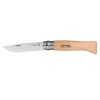 El Cuchillo Opinel N°8 de Acero Inoxidable es un cuchillo plegable con mango de madera grabado con "Opinel" y "Savoy, France". La hoja de acero inoxidable parcialmente extendida resalta su diseño elegante.