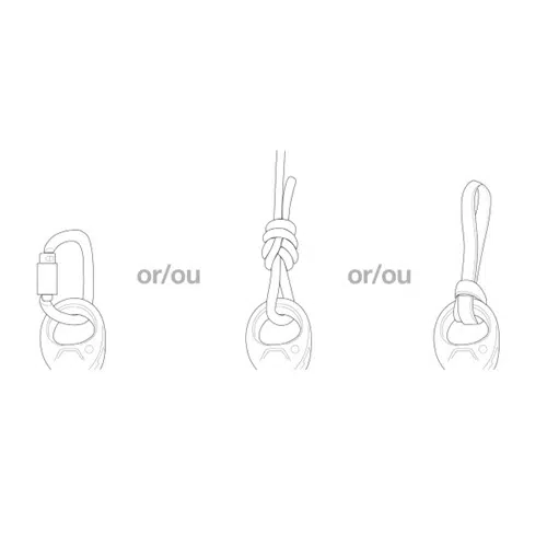 En el diagrama se muestran tres métodos para fijar una cuerda a un anillo: utilizando un mosquetón Petzl Pro Traxion, haciendo un nudo y creando un bucle. Cada opción está marcada con "o/ou", lo que presenta alternativas para un uso eficiente.