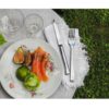 Sobre una mesa cubierta con un mantel blanco con flecos se encuentra un plato decorado con rodajas de salmón, higos y un tomate verde. Junto a él, un tenedor y un cuchillo Opinel Perpétue acompañan a un vaso vacío, todo ello sobre un fondo de hierba exuberante.