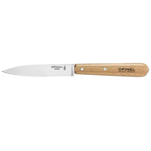 El cuchillo para pelar Cuchillo Opinel N°112 cuenta con una hoja de acero inoxidable con la etiqueta "OPINEL INOX" y un mango de madera con la marca "OPINEL SAVOIE FRANCE". Este cuchillo está fabricado por expertos para su uso en la cocina.