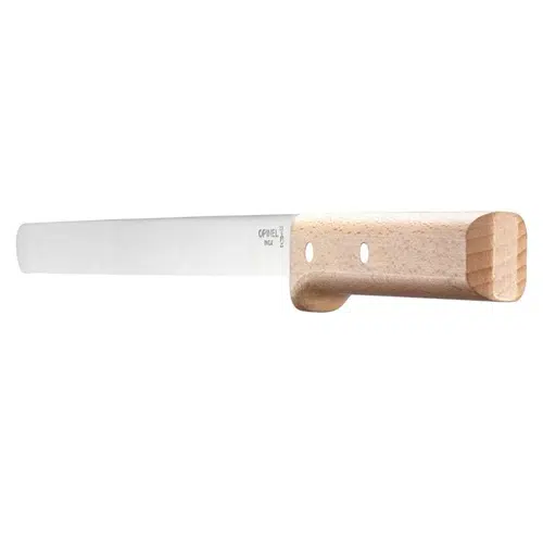 El Cuchillo Opinel N°123 Carpaccio Parallèle cuenta con una elegante hoja rectangular de acero inoxidable y un mango de madera clara asegurado con dos remaches para una mayor durabilidad. Este cuchillo de cocina, que se presenta sobre un fondo blanco liso, está diseñado para ser elegante y eficiente.