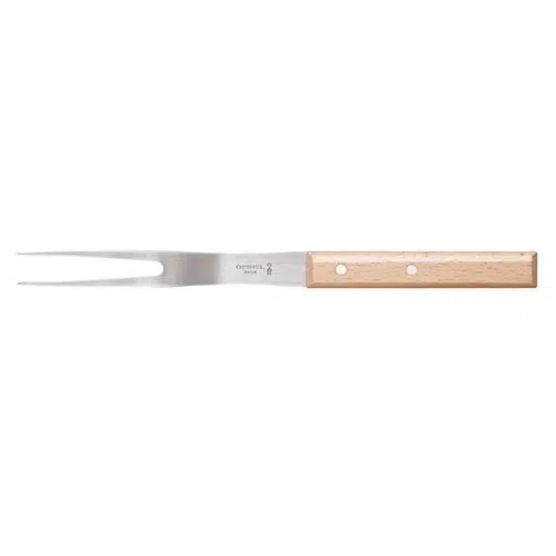 Sobre un fondo blanco se presenta un tenedor de trinchar Tenedor Opinel N°124 Parallèle con mango de madera provisto de dos remaches y dos puntas afiladas.