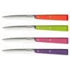 El Set de Cuchillos Opinel N°125 Bon Appetit Pop 4pc incluye cuatro cuchillos de cocina con hojas de acero inoxidable y mangos de colores. Los mangos están dispuestos horizontalmente en rojo, verde, rosa y morado de arriba a abajo, cada uno sujeto con dos remaches de metal para una mayor durabilidad.