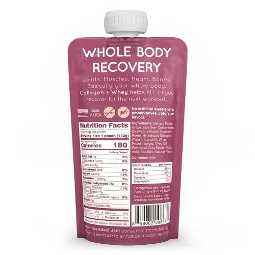 Bolsa color granate con la etiqueta "Whole Body Recovery" (Recuperación de todo el cuerpo) e información nutricional. Este Gel Energético Hüma Recovery Smoothies Mixed Berries contiene ingredientes como puré de plátano, leche de coco y colágeno. Destaca los beneficios para las articulaciones, los músculos y los huesos sin aditivos artificiales y 180 calorías por porción. ¡Disfruta de la experiencia de los Smoothies de Hüma!