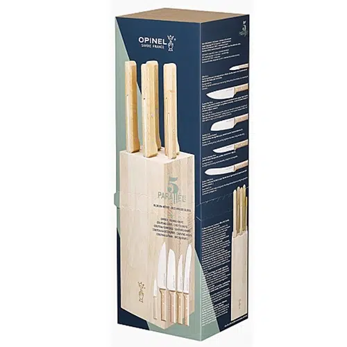 Un juego de 5 cuchillos de cocina paralelos Set Taco Opinel con elegantes mangos de madera, presentados de forma elegante en un bloque de madera para cuchillos. El paquete incluye cinco tipos distintos de cuchillos, lo que lo convierte en un complemento ideal para cualquier espacio culinario.