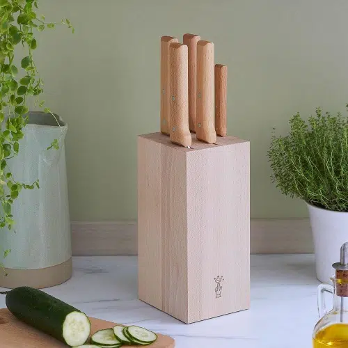 Sobre la encimera de la cocina se encuentra un bloque de madera con un juego de cinco cuchillos de cocina Opinel Parallèle de la colección Set Taco. Cerca de allí, rodajas de pepino recién cortadas y un pepino entero completan la escena, acompañados de plantas verdes y una botella de aceite al fondo.