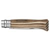 La Navaja Opinel N°8 Mango de Abedul Laminado viene con una hoja de acero inoxidable y un mango de madera adornado con elegantes patrones de rayas.