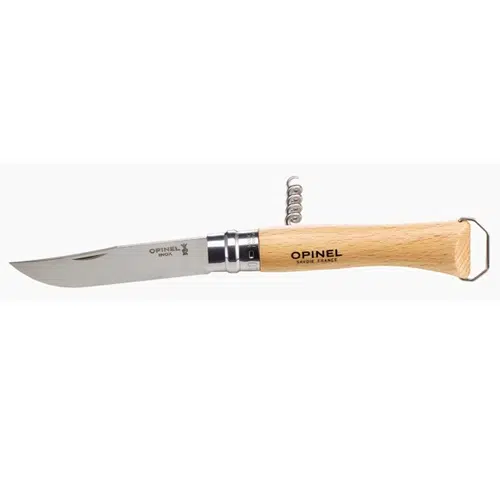 El Cuchillo Opinel N°10 Abrebotellas y Sacacorchos es un cuchillo plegable con hoja de acero inoxidable y mango de madera. Viene equipado con un accesorio sacacorchos y tiene el logotipo de Opinel grabado tanto en la hoja como en el mango.