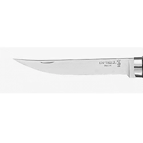 Primer plano de una hoja de acero inoxidable de la colección Cuchillo Opinel, etiquetada como "Opinel Inox". Presenta un filo fino y curvo y una ranura estrecha cerca del lomo. La hoja es parcialmente visible, mostrando una pequeña porción de su mango de Padouk N°08.