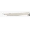 Primer plano de una hoja delgada y plateada de Cuchillo Opinel sobre un fondo blanco. La hoja brillante refleja la luz y muestra un diseño simple y elegante con un borde ligeramente curvado. El mango está elaborado con madera de padouk, parcialmente visible en el borde derecho.