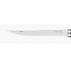 Primer plano de un elegante Cuchillo Opinel Slim Afilado de Haya, con una hoja de acero inoxidable estrecha y alargada con un logotipo visible. El cuchillo cuenta con un diseño suave y minimalista, ideal para tareas de corte precisas.